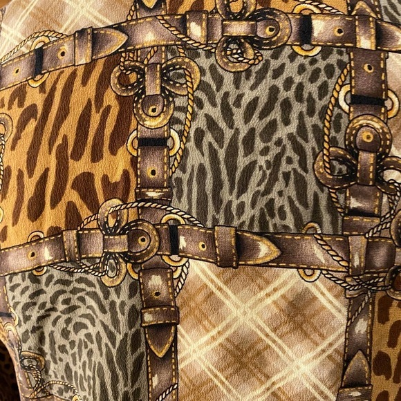 VTG Allison Taylor Gray Brown Silk Belt Buckle Animal Print Shirt Blouse Medium - Picture 6 of 8